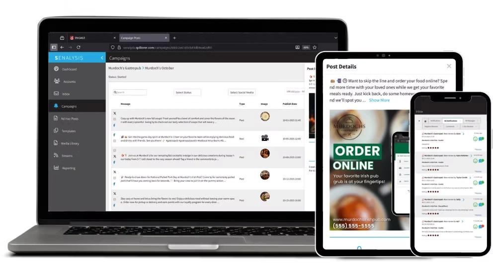 SENALYSIS dashboard shown on a laptop with mobile previews on a tablet and phone