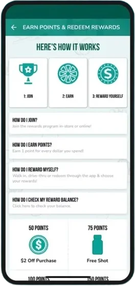 Main Squeeze Juice Co. rewards screen showing how to earn and redeem points with visual icons and reward examples