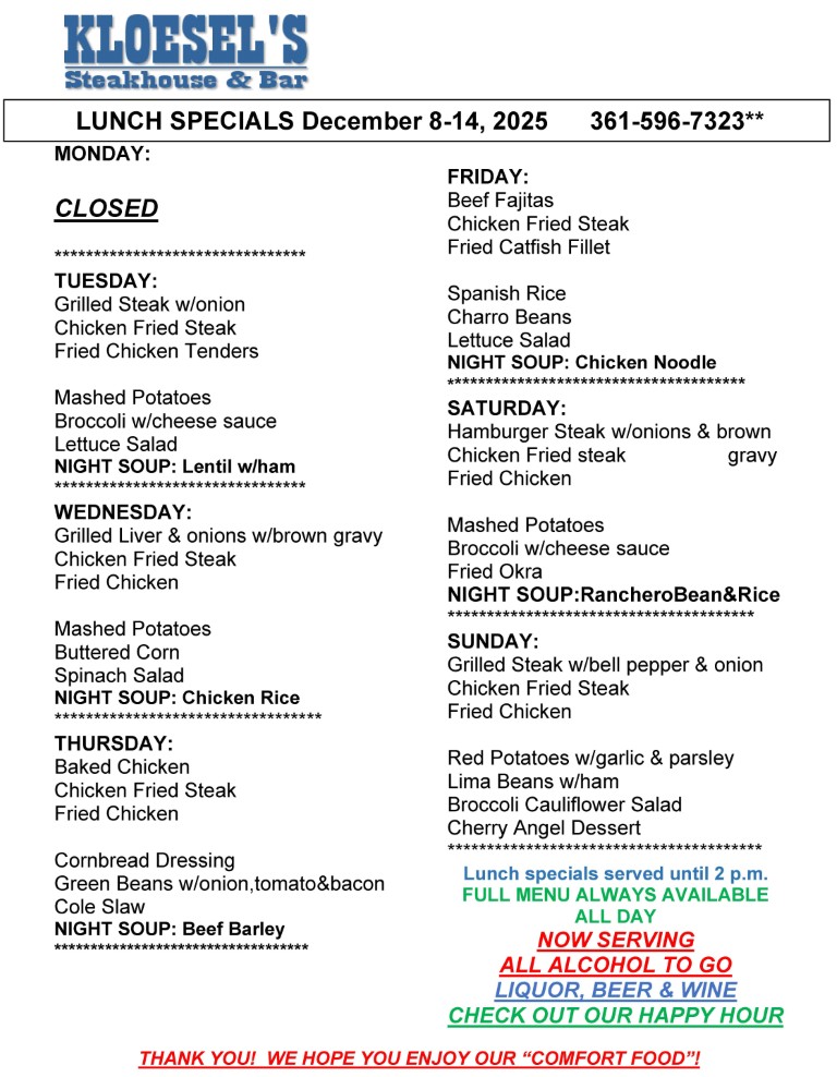 Kloesel's Lunch Menu