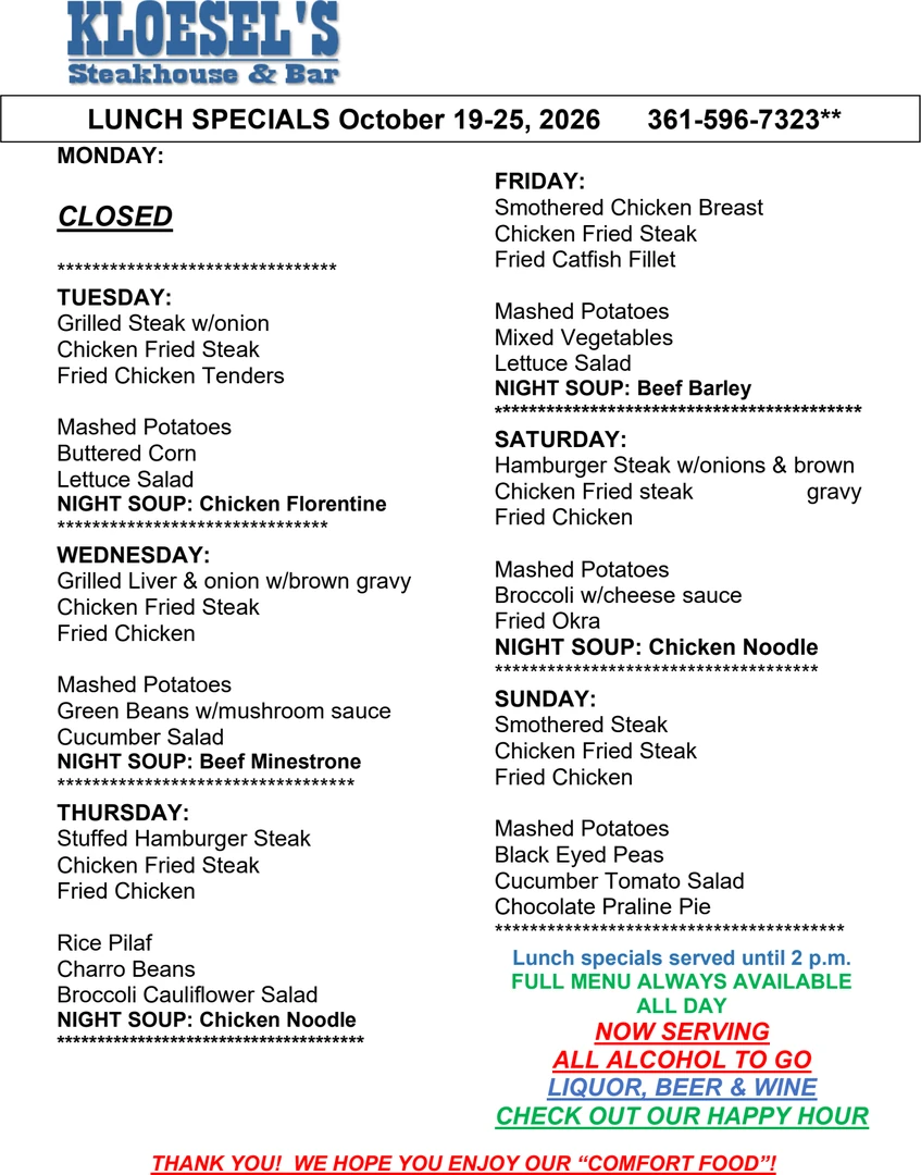 Kloesel's Lunch Menu