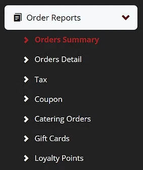 Dropdown menu showing reporting categories like orders summary and tax