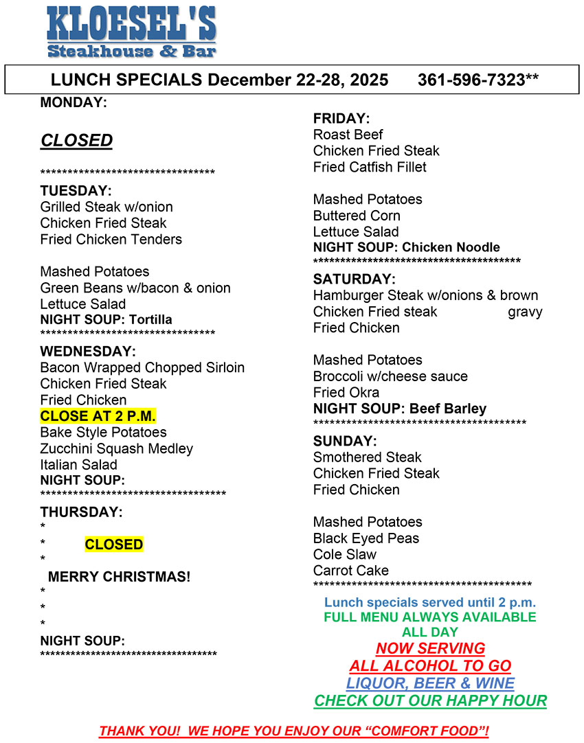 Kloesel's Lunch Menu