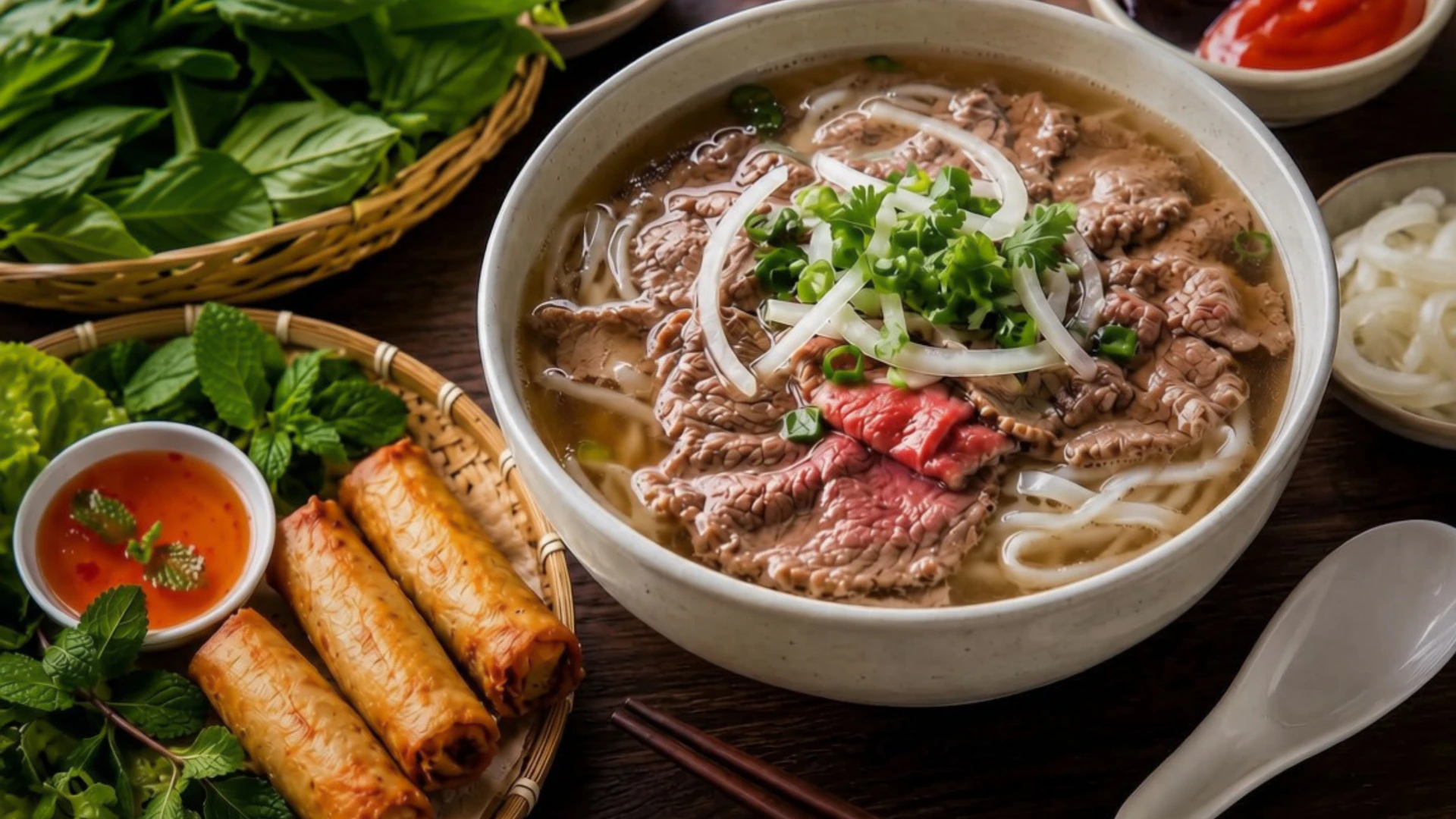Steaming bowl of Vietnamese beef pho with rare beef, rice noodles, onions, scallions, cilantro, fresh herbs, and crispy egg rolls