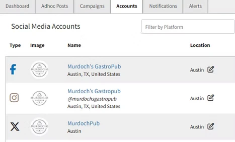 Social media accounts dashboard with connected platforms and locations