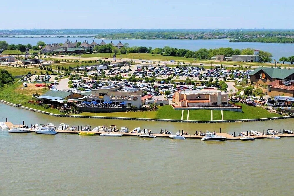 Aerial view of Primo's Tex Mex Grille waterfront location and marina