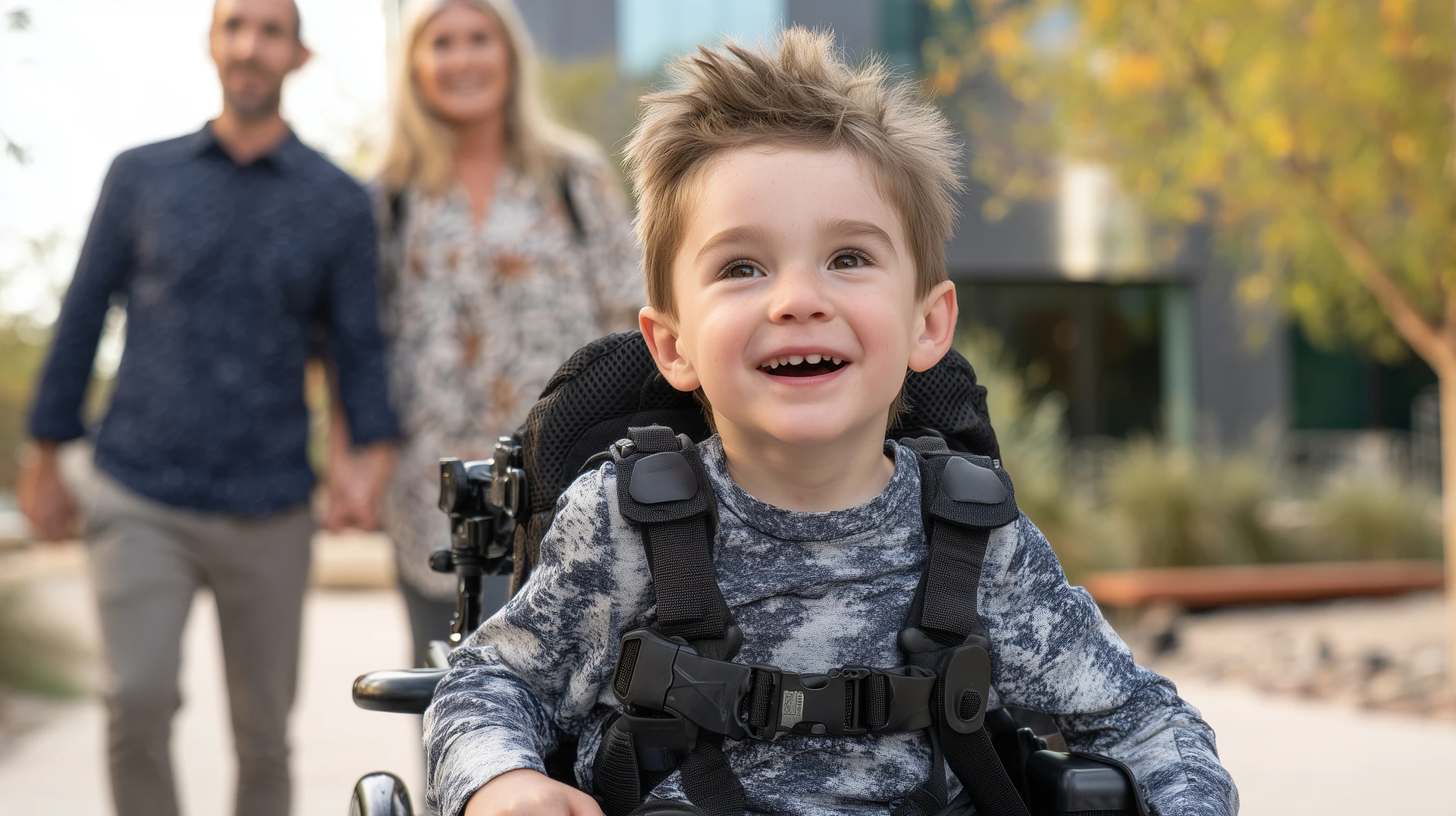 Smiling young boy in a wheelchair with his parents