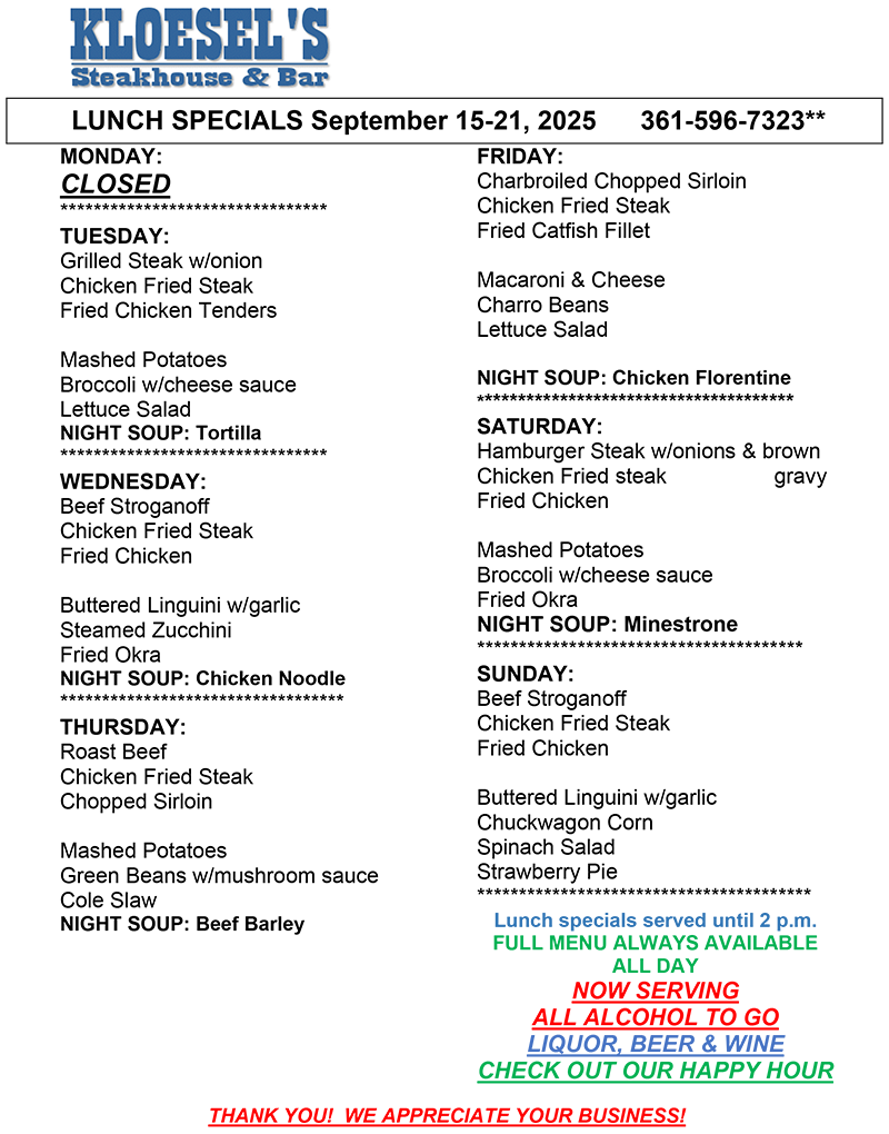 Kloesel's Lunch Menu