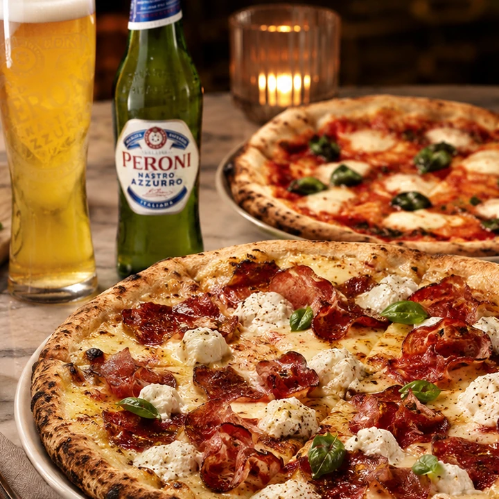 Pizzas with a Peroni beer
