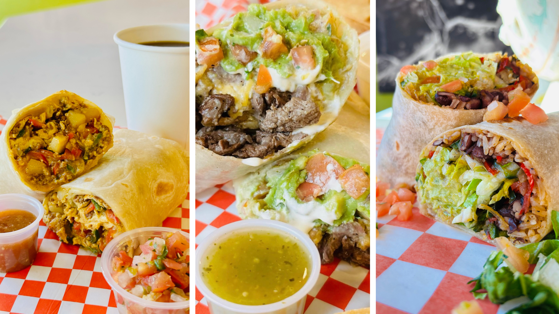 Assorted Mexican burritos and a burrito bowl with fresh toppings, served with salsa and coffee on a red-and-white checkered liner.