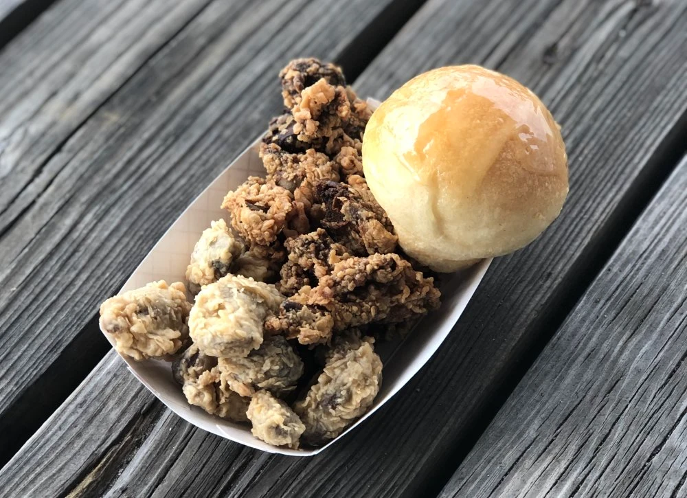 Fried livers and gizzards with a yeast roll at Chicken Country