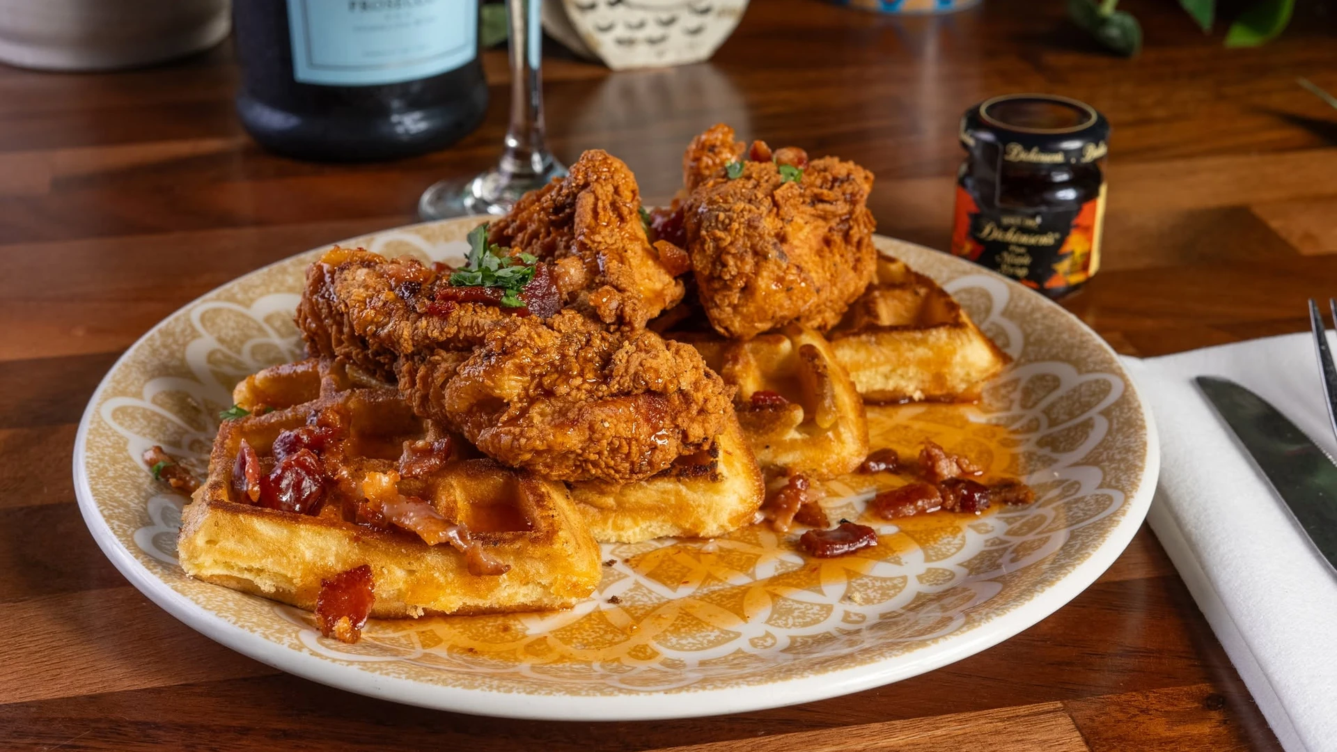 Fried chicken and waffles with syrup