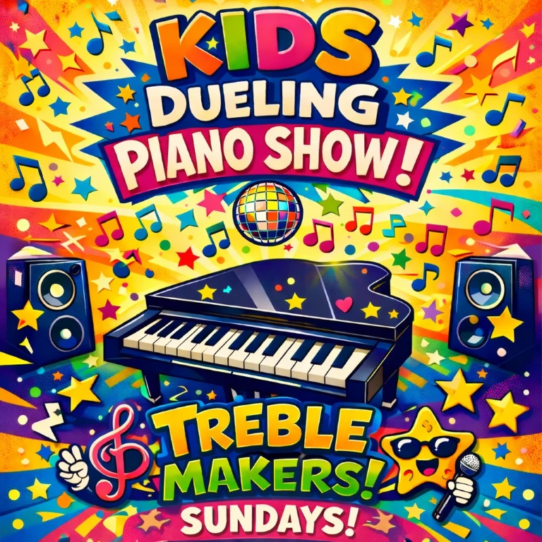 Kids Dueling Piano Show at Treble Makers on Sundays with colorful piano, music notes, and family-friendly graphics