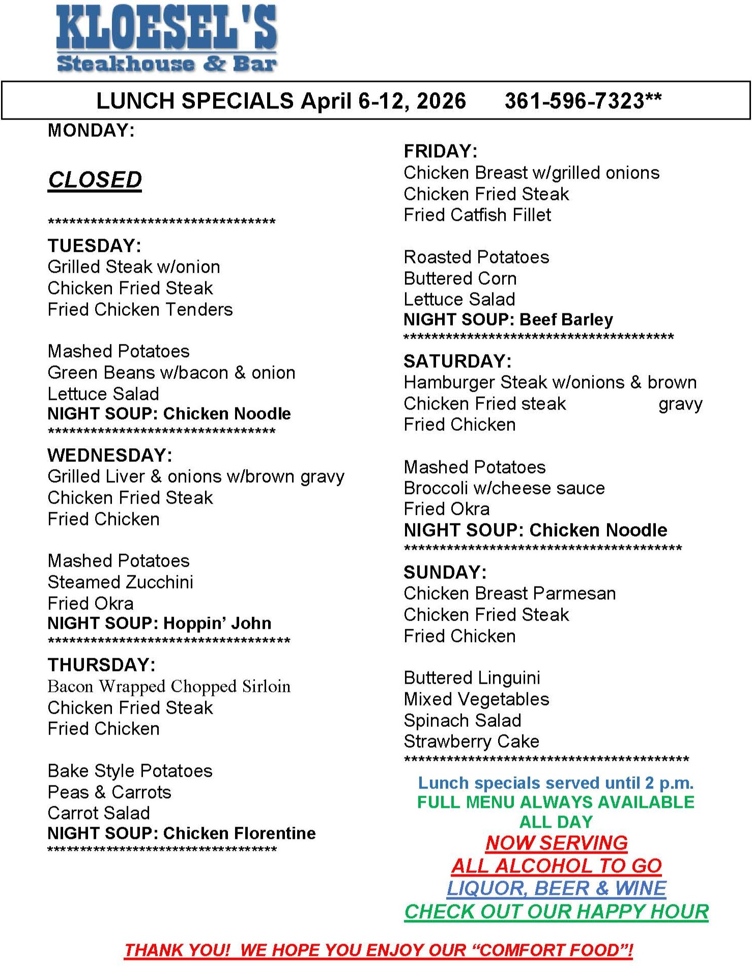 Kloesel's Lunch Menu