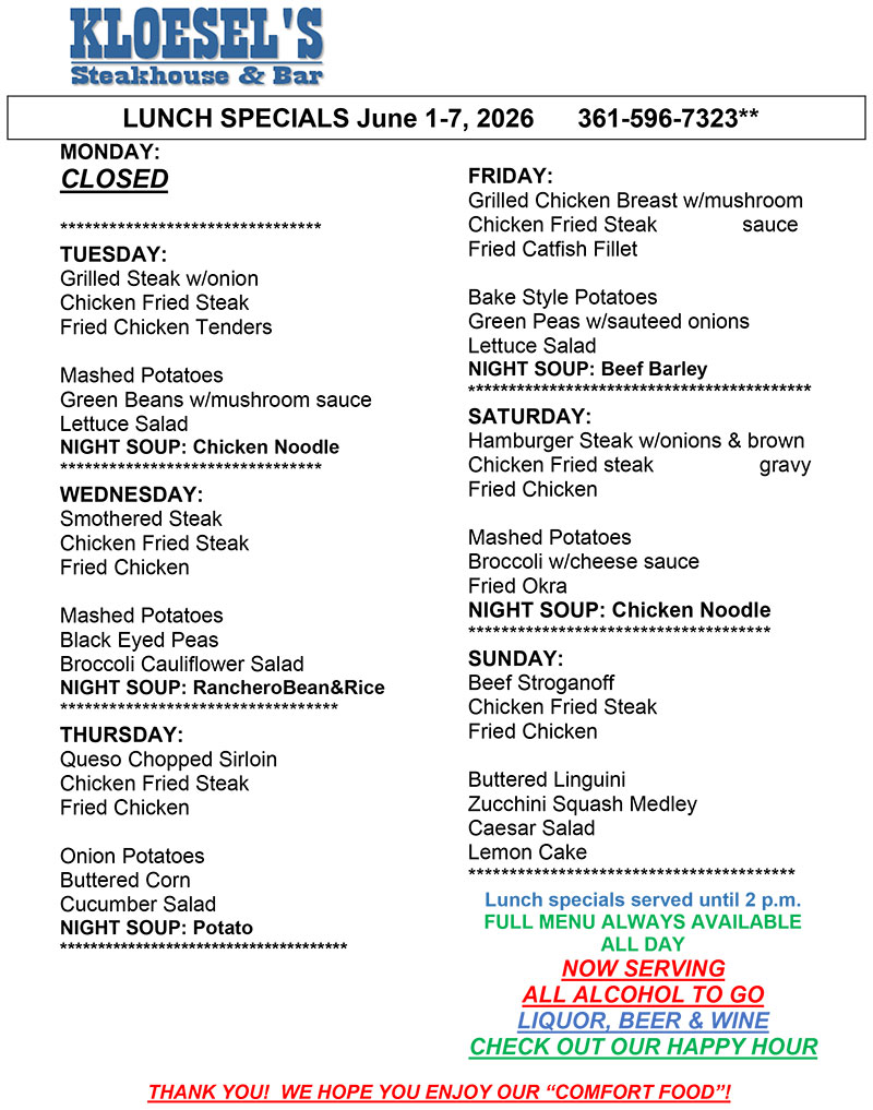 Kloesel's Lunch Menu