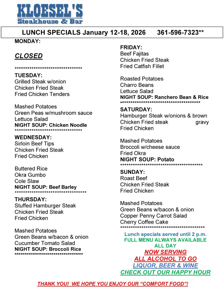 Kloesel's Lunch Menu