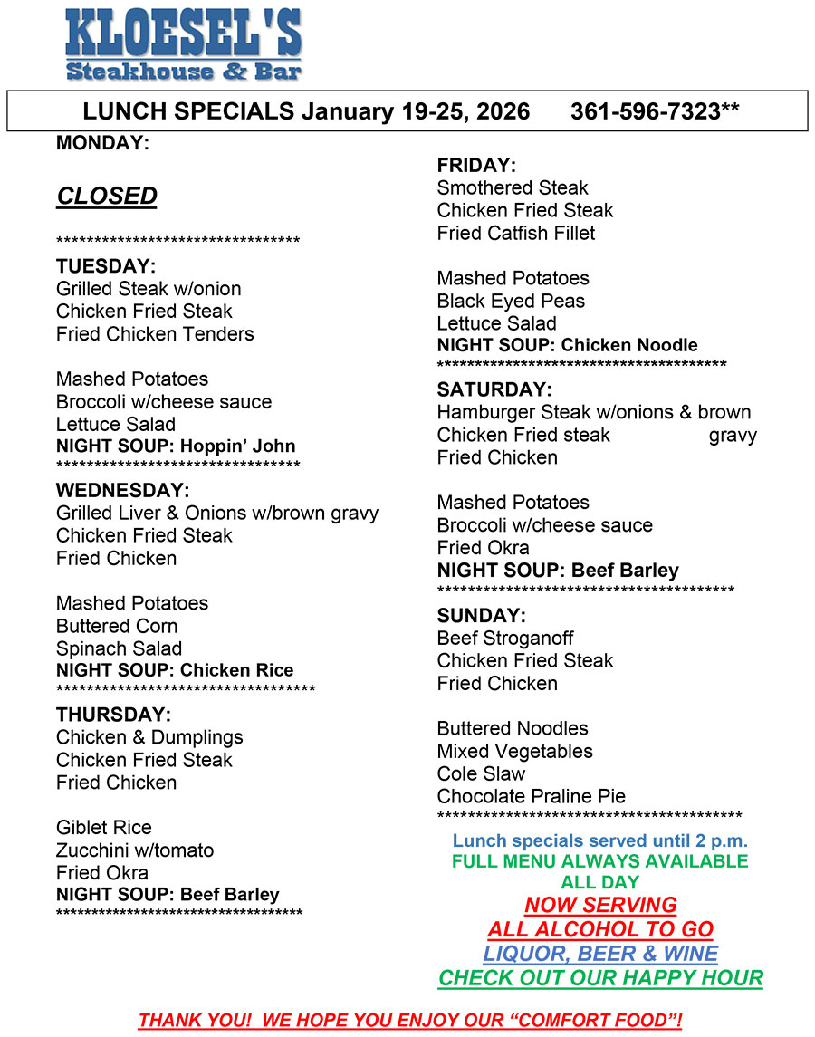 Kloesel's Lunch Menu