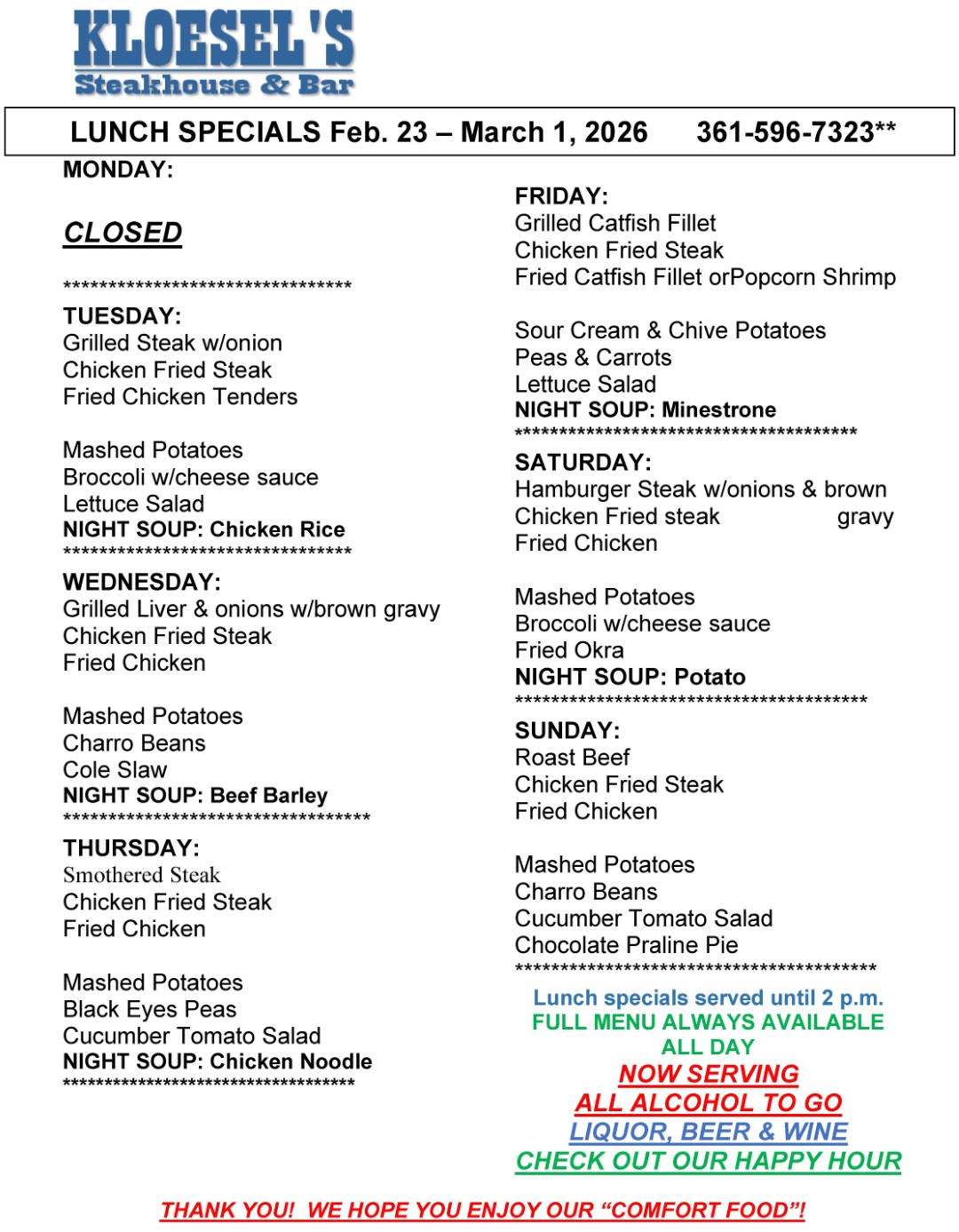 Kloesel's Lunch Menu