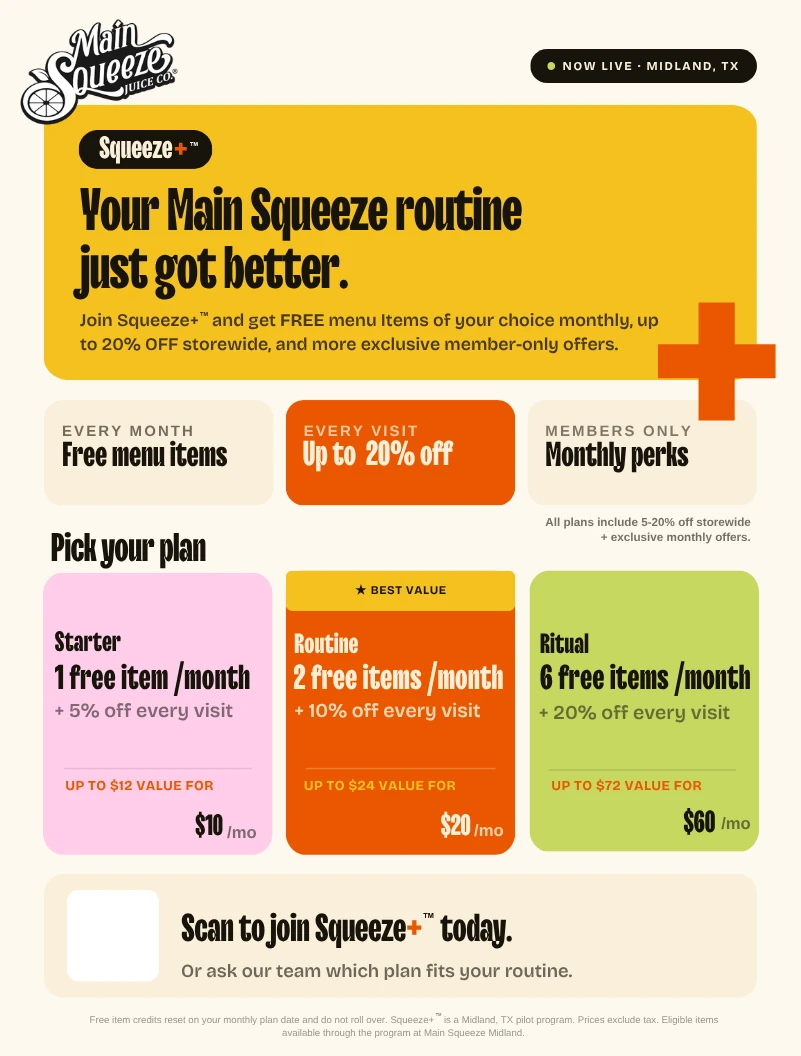 Squeeze+™ membership program preview for Main Squeeze Juice Co.