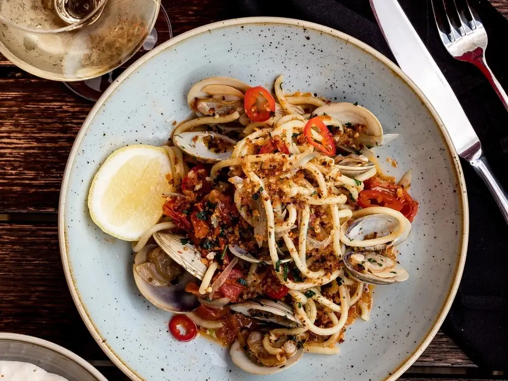 Seafood pasta on a place