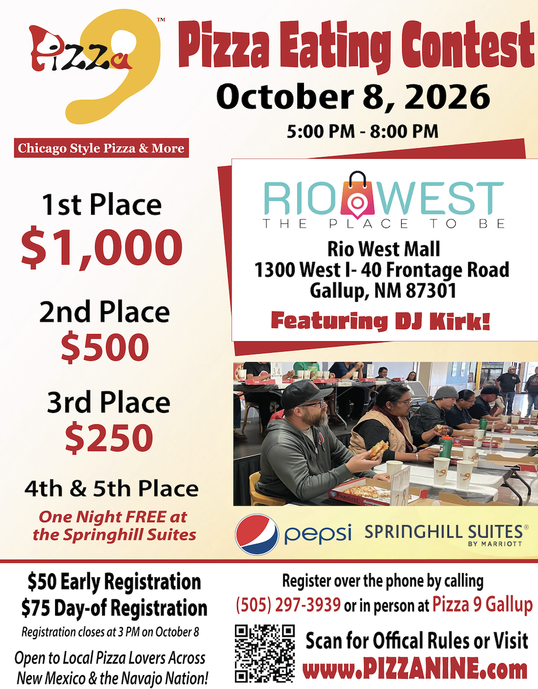 Pizza 9 Pizza Eating Contest flyer with date, time, location and prize amounts