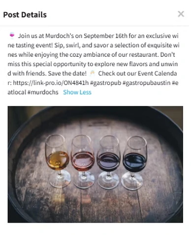 Post details panel showing caption text and engagement