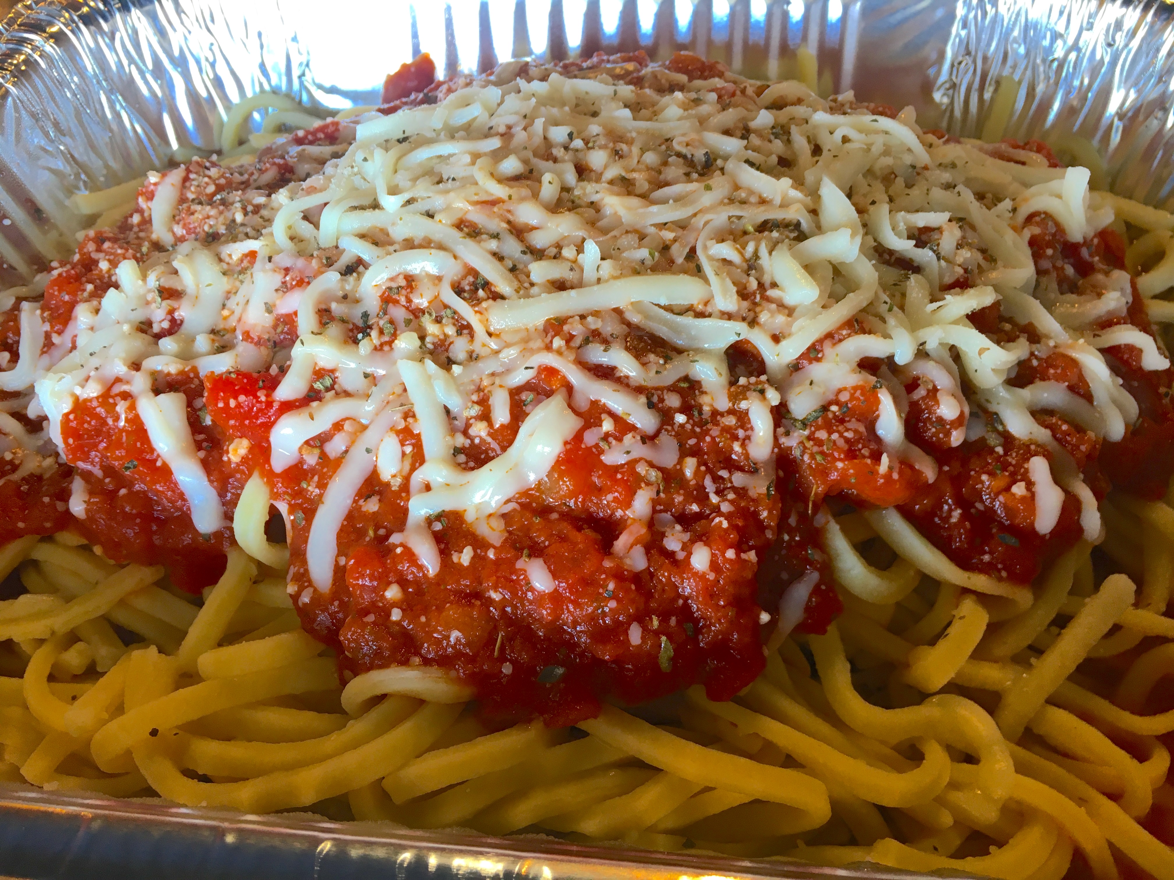 Cheese Ravioli with Alfredo sauce & Spaghetti with Marinara sauce.
