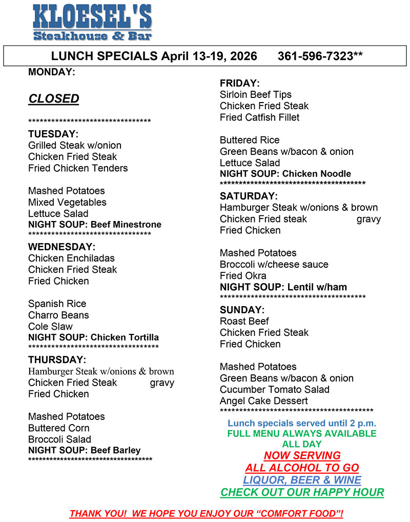 Kloesel's Lunch Menu