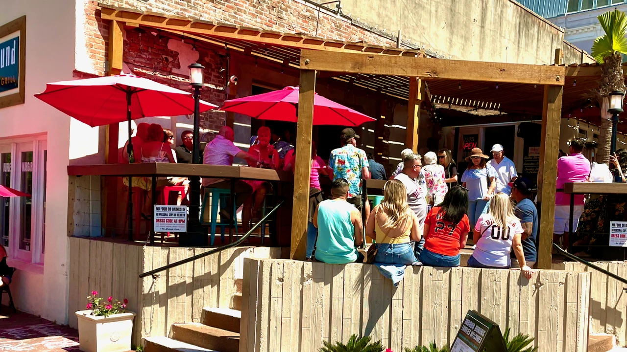 The covered patio bar on the Strand