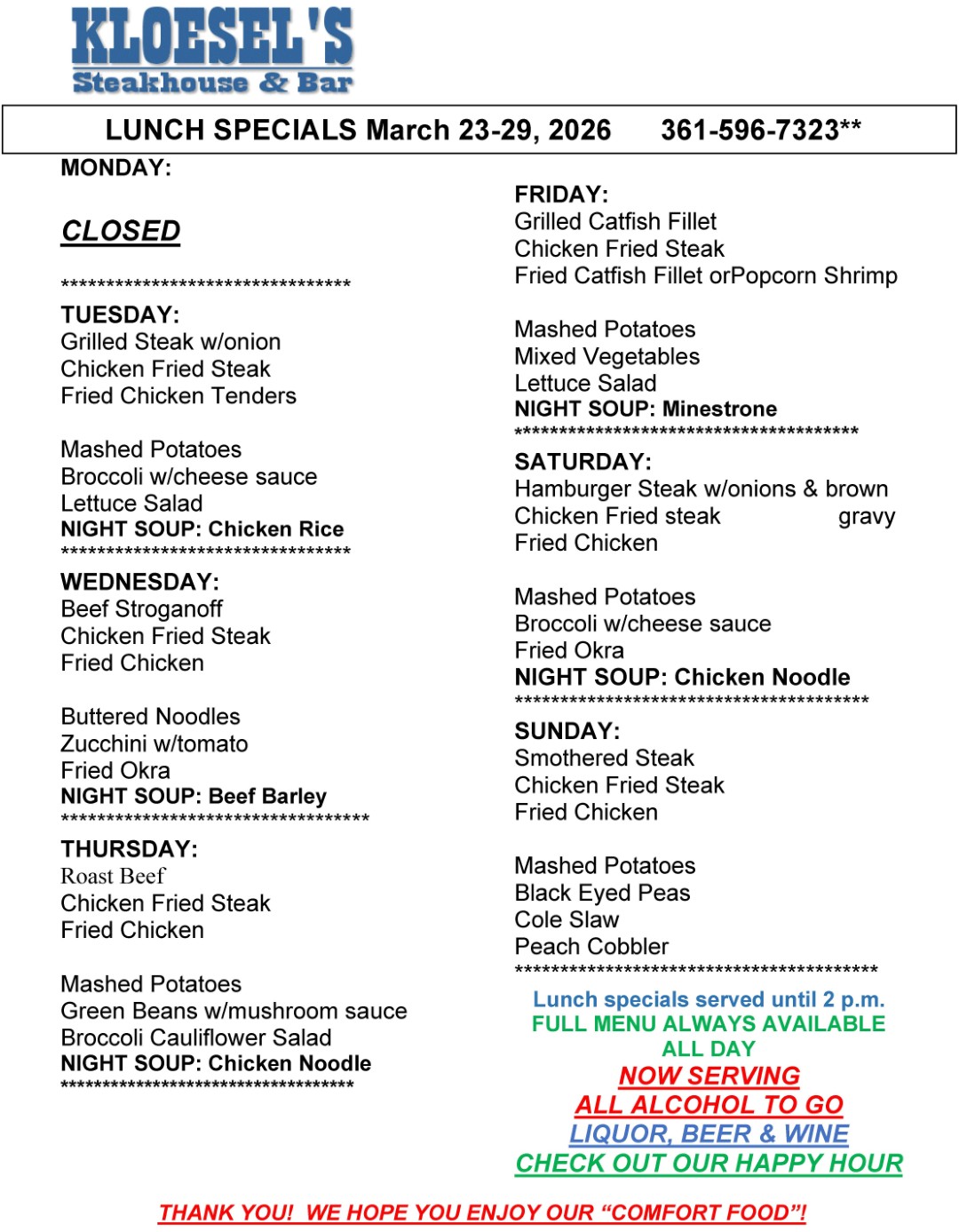 Kloesel's Lunch Menu