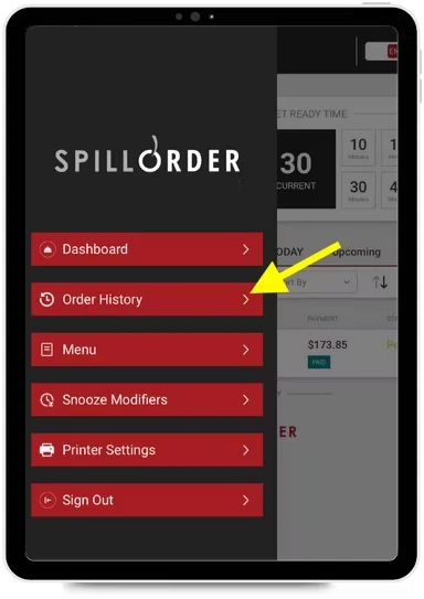 Tablet showing the SpillOrder dashboard menu