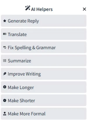 AI helpers menu with options like generate reply and improve writing