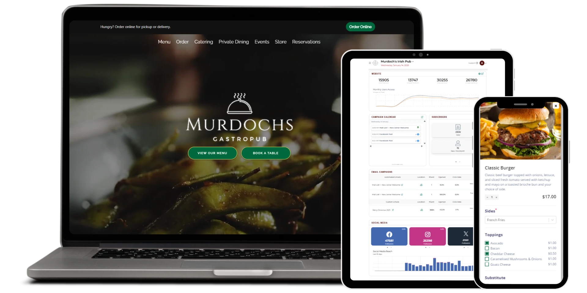 murdochs irish pub example site on a laptop, ENGAGE dashboard on a tablet, someone ordering a burger on their phone using SpillOrder