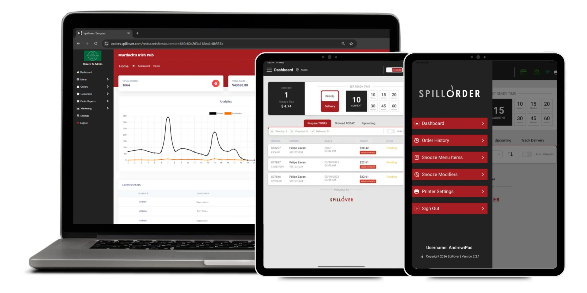 laptop, tablet, and mobile view of the SpillOrder dashboard