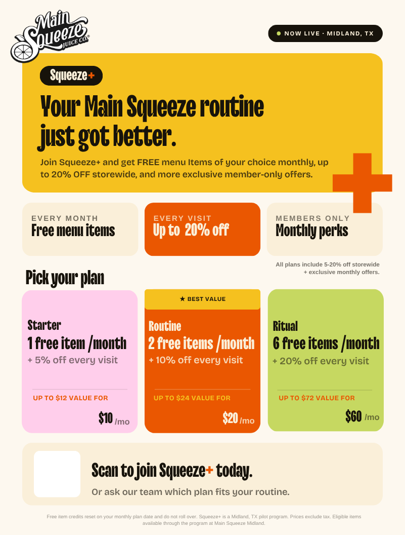 Squeeze+ membership program preview for Main Squeeze Juice Co. Midland
