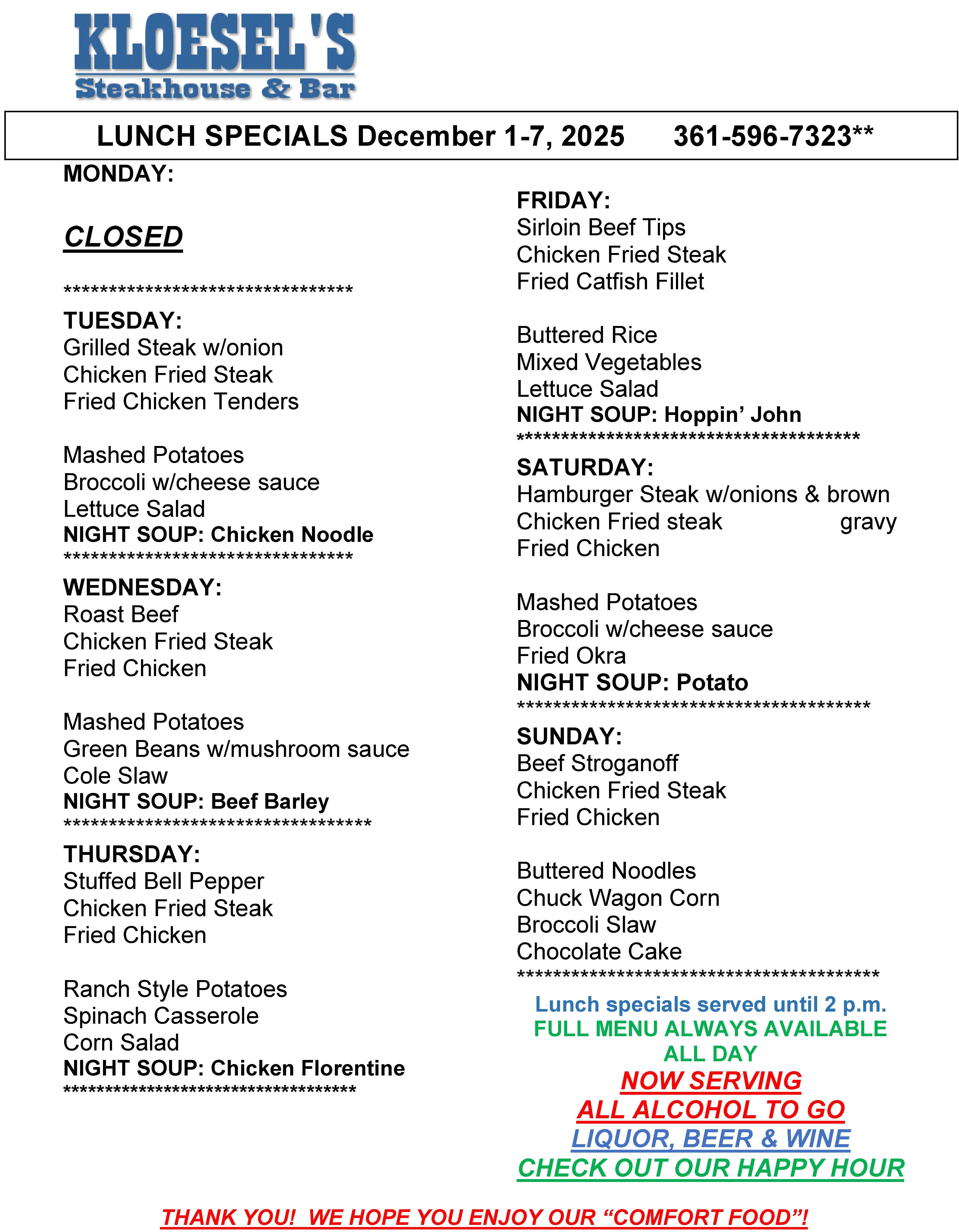 Kloesel's Lunch Menu