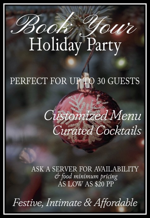 A holiday party promotional flyer shows a red decorated ornament hanging against blurred lights, with text offering customized menus, curated cocktails, and space for up to 30 guests.